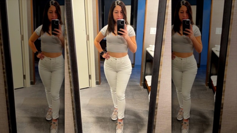 Crop top and white jeans