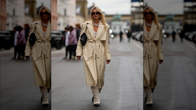 Beige trench coat pearl necklace