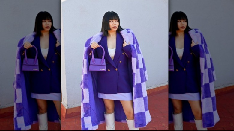 Woman wearing purple colorblock