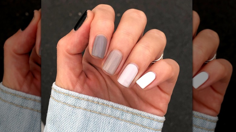 neutral paint chip nails and jacket