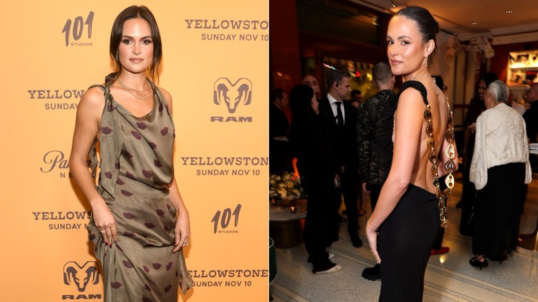 Side-by-side of Kathryn Kelly on the red carpet in a silky olive dress and a backless black gown.