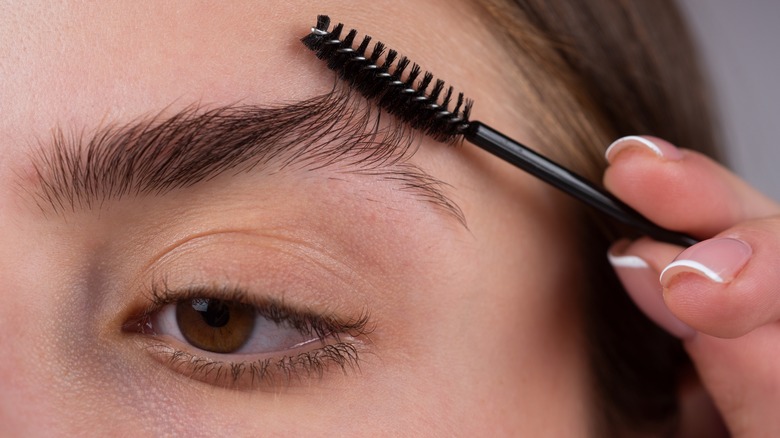 woman brushing eyebrows