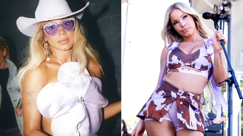 Side-by-side of Tanner Adell in flower-shaped halter top and cow-print co-ords.