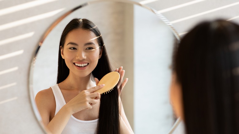 A girl brushing her hair