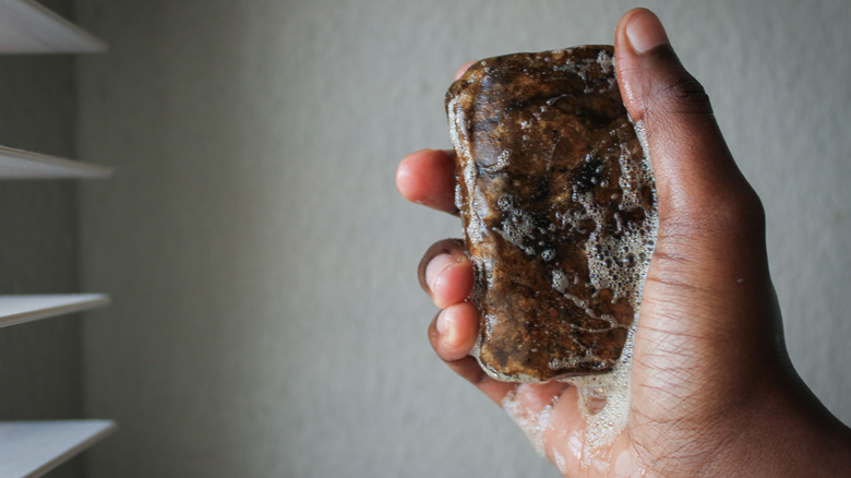 A hand holding a bar of African black soap