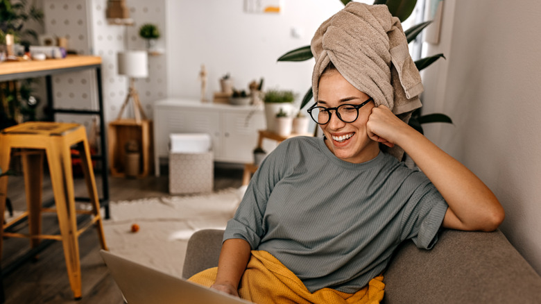 woman wearing hair in towel