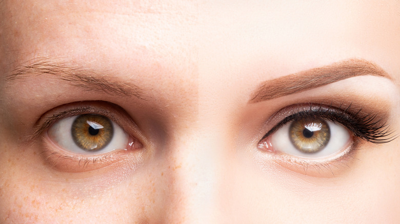 Woman with one tinted eyebrow