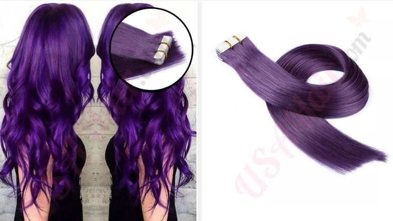 Purple tape-in hair extensions