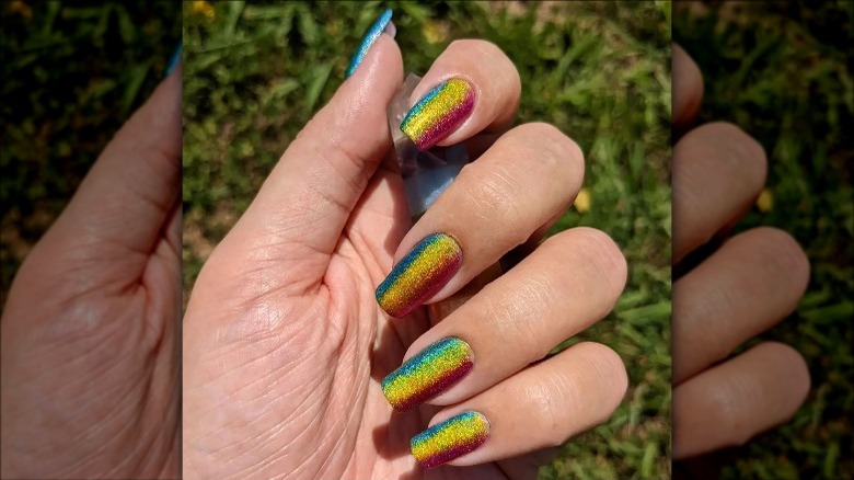 Pansexual flag chrome nails