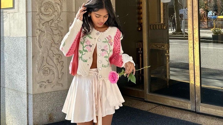Knit floral cardigan and flowy skirt