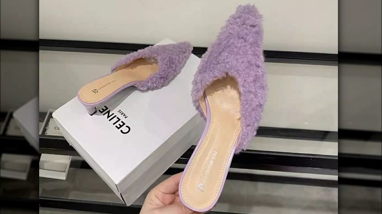 Close of of lavender fur mules 