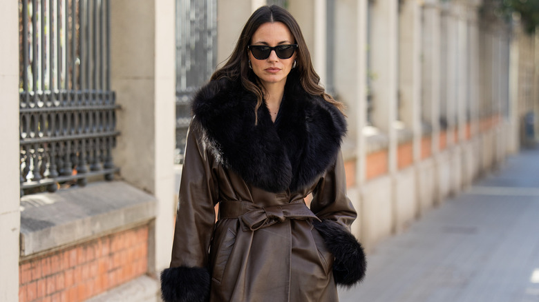 faux fur collar leather coat