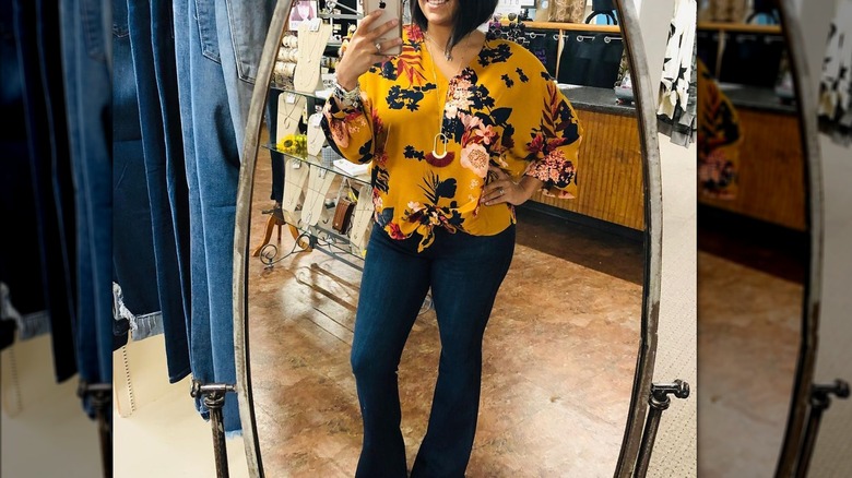Yellow floral shirt with jeans 