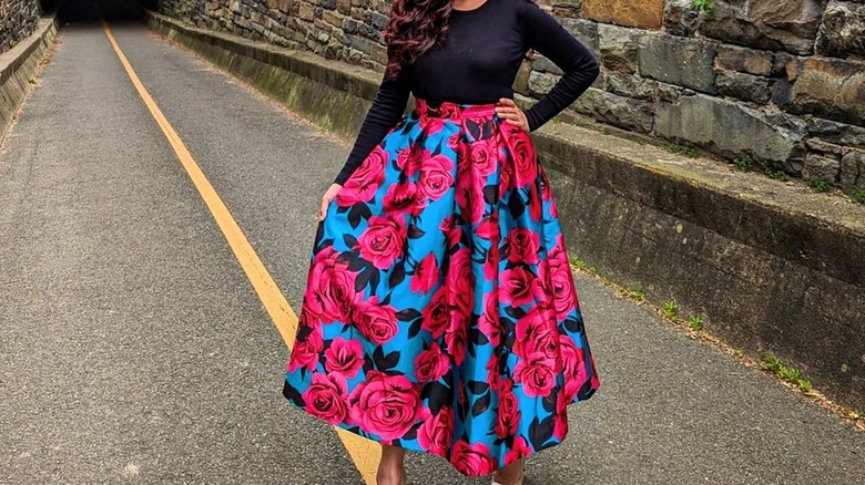 Bright rose-patterned skirt