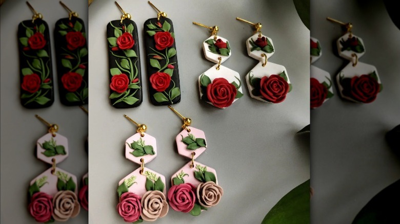 Instagram user @clayquisit showing polymer clay rose earrings