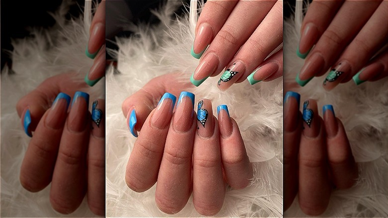 blue and green butterfly nails