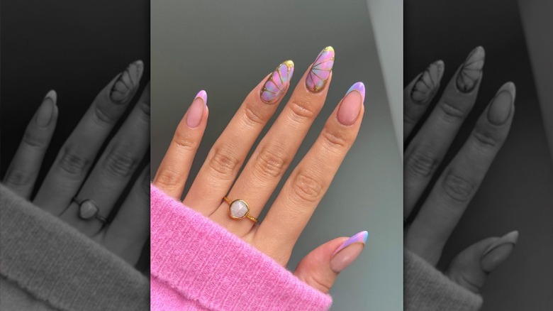 pink and gold butterfly nails