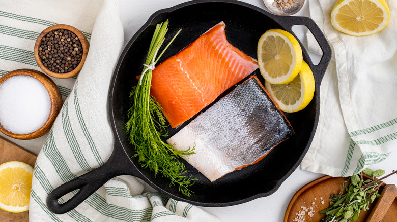 cast iron pan with salmon