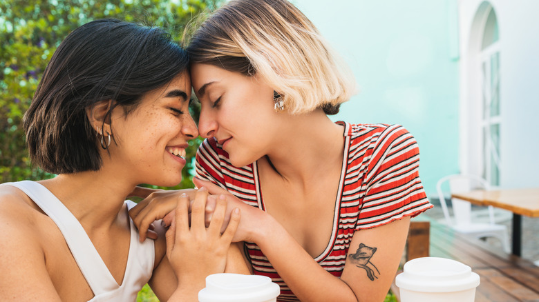 Lesbian couple smiling