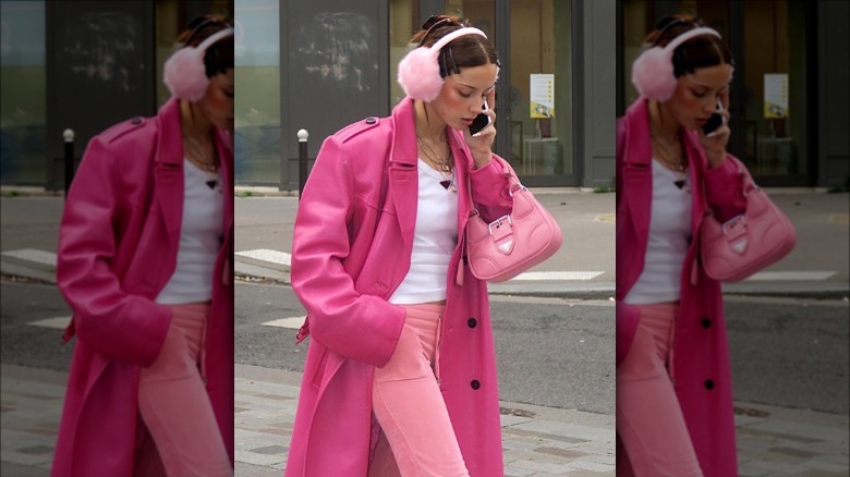 Woman wearing monochromatic pink outfit