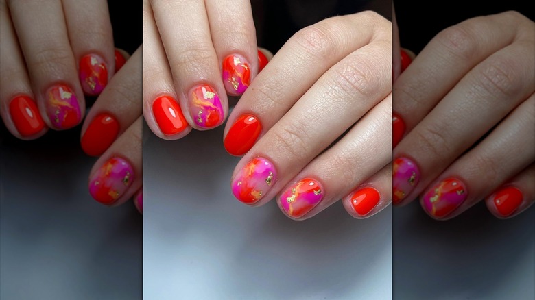 Pink orange short manicure design
