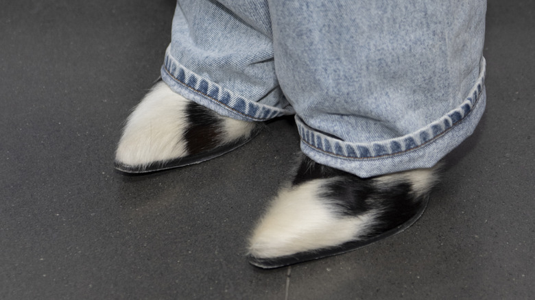 Black and white fur shoes