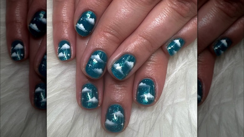 Teal turquoise sky cloud manicure 