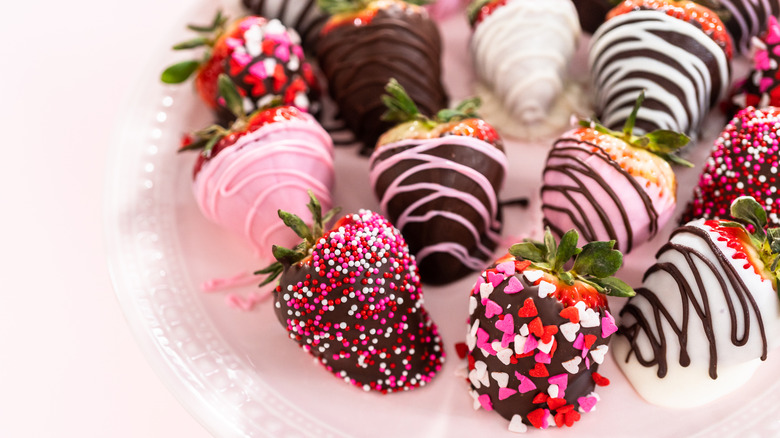 Close-up shot of chocolate covered strawberry platter