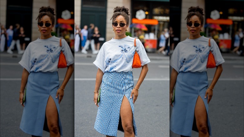 Ellie Delphine in blue gingham skirt