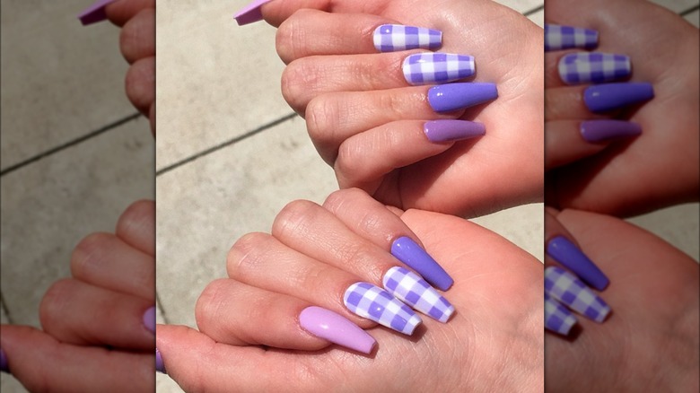 purple gingham nails