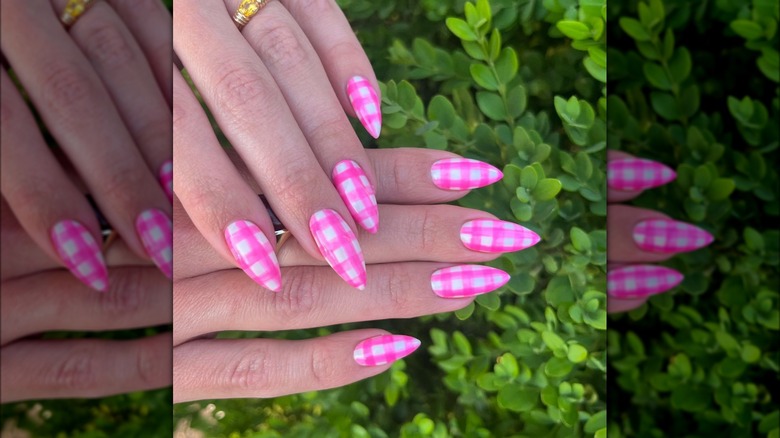 pink gingham nails