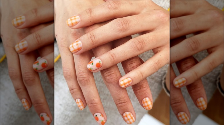 orange gingham nails