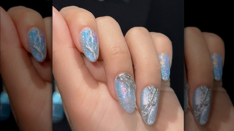 Blue and silver swirled glass nails