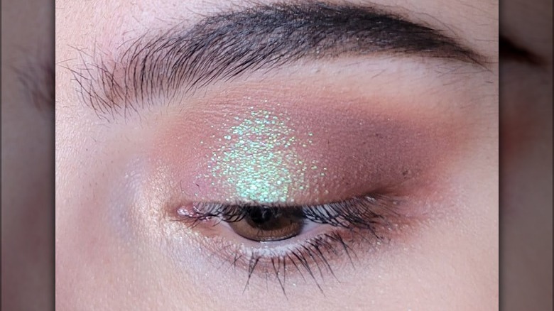 Close up of neutral sparkly eyeshadow