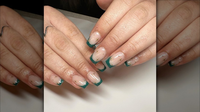 sparkling dark green french nails