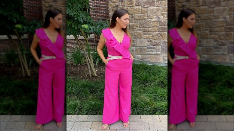 Woman wearing a pink jumpsuit