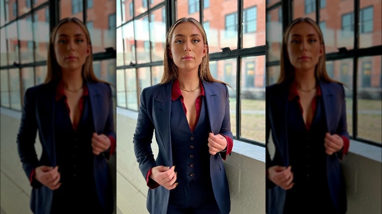 Woman wearing navy blue blazer