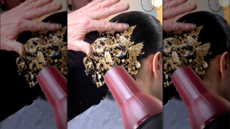 Gold leaf applied with hair dryer