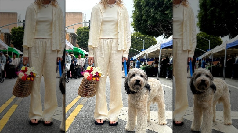 Woman wearing light yellow linen set