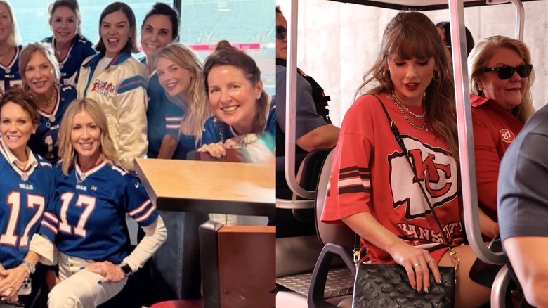 Side-by-side of Hailee Steinfeld in a white Buffalo Bills jacket and Taylor Swift in a red Kansas City Chiefs jersey.