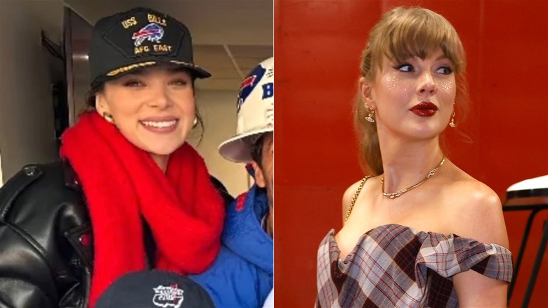 Side-by-side photo of Hailee Steinfeld in a black Buffalo Bills cap and Taylor Swift in a plaid corset top.