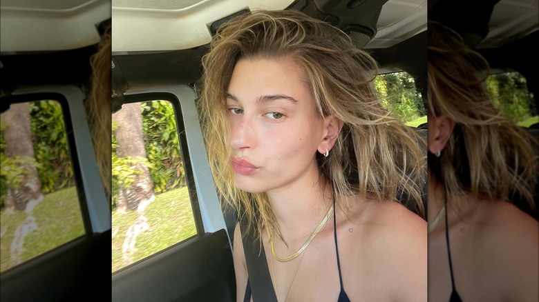 Hailey Bieber traveling without makeup