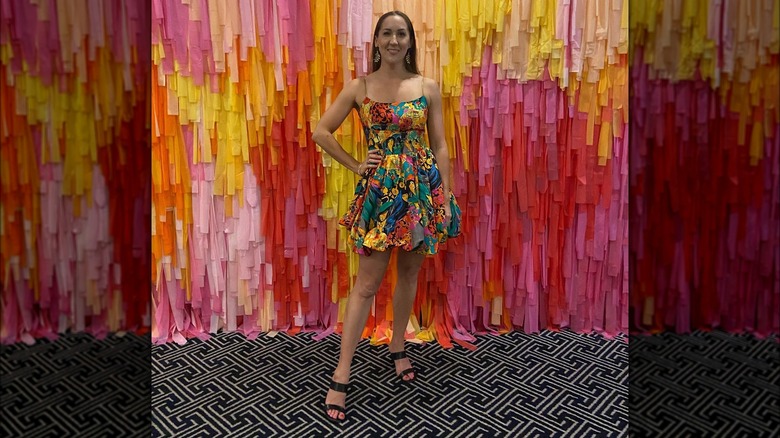 Woman wearing colorful bubble-hem dress