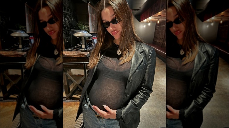 Pregnant Hailey Bieber in sheer top