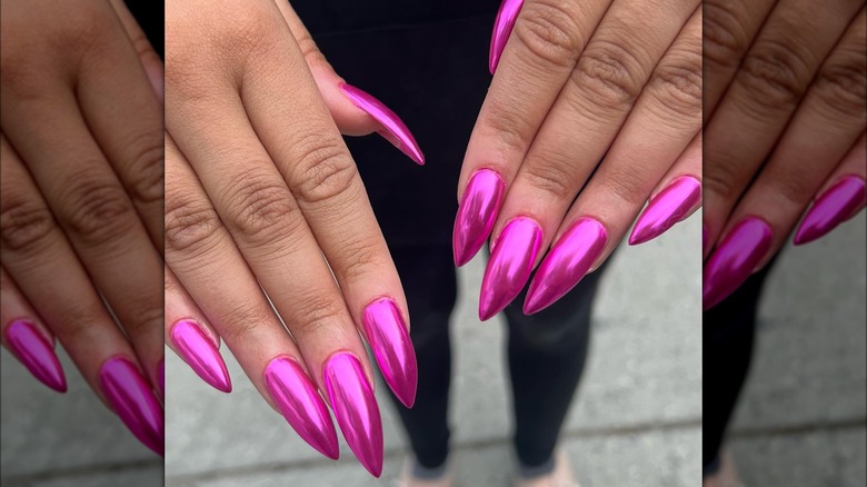pointy hot pink chrome nails