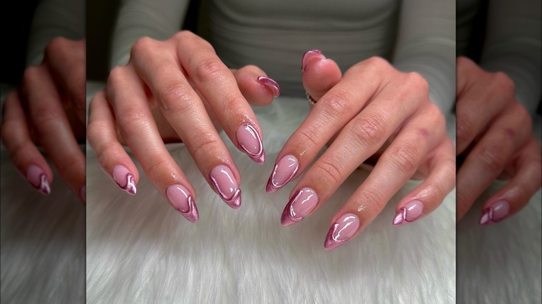 Art on pink chrome nails