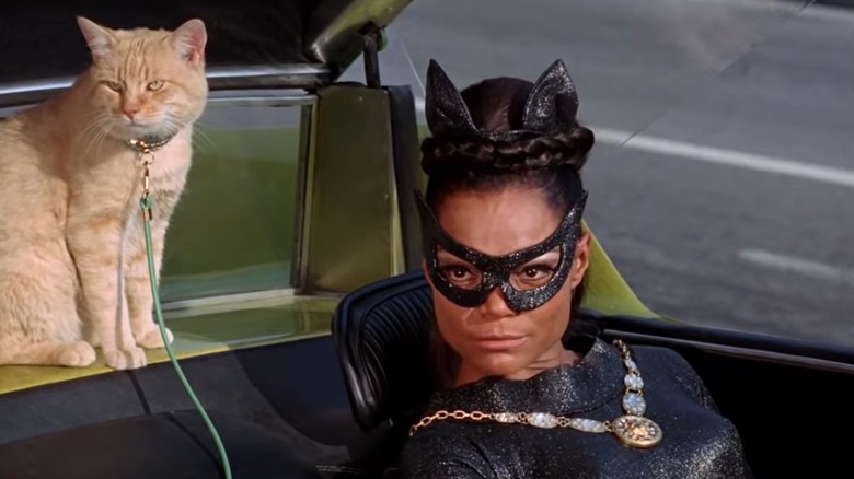 Still of Eartha Kitt as Catwoman in "Batman" alongside co-star Orangey Minerva