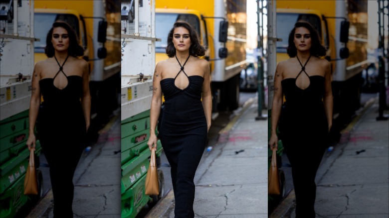 woman with black halter dress