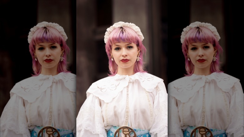 woman with headband and ruffled dress