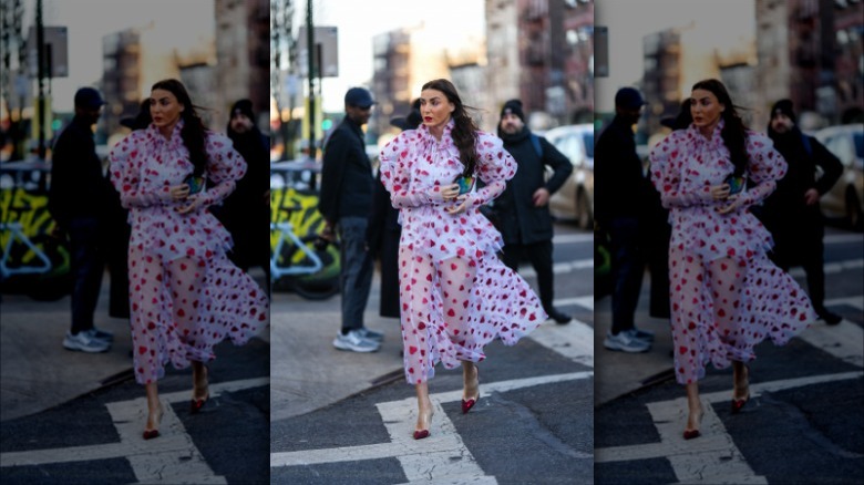 woman wearing heart-printed dress